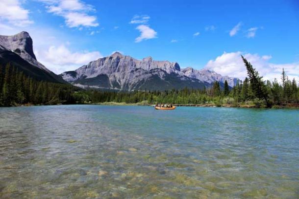 The blue waters of the Bow River in summer