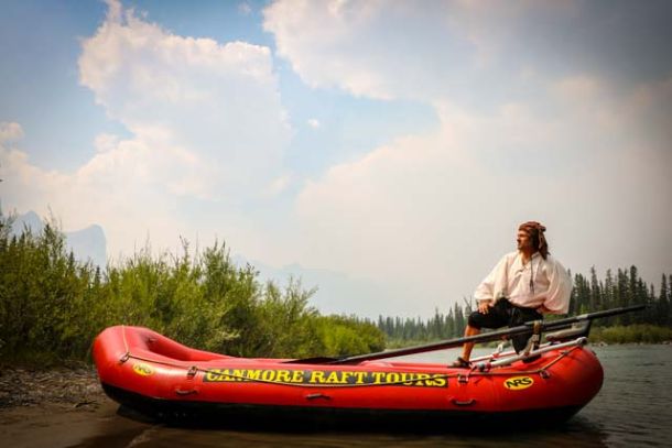 Raft guide dressed as a pirate on a raft